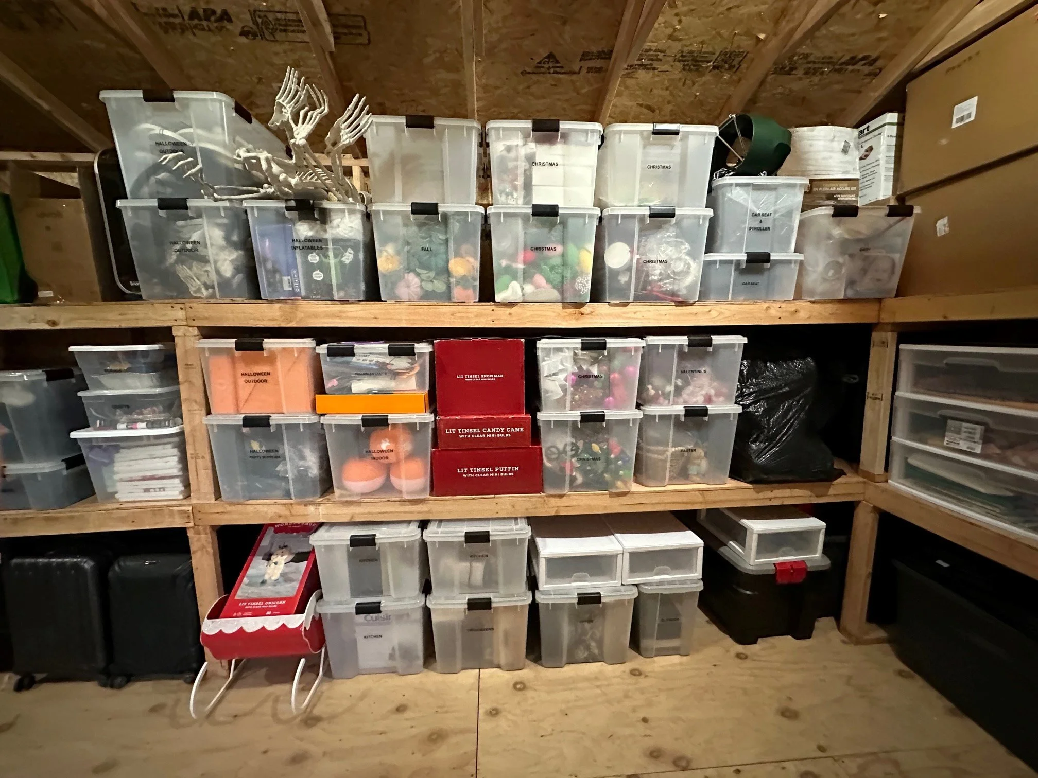 Organized storage shelves in a wooden shed with plastic bins holding holiday and seasonal decorations and supplies. Styled by Tidy Doon, Los Angeles.