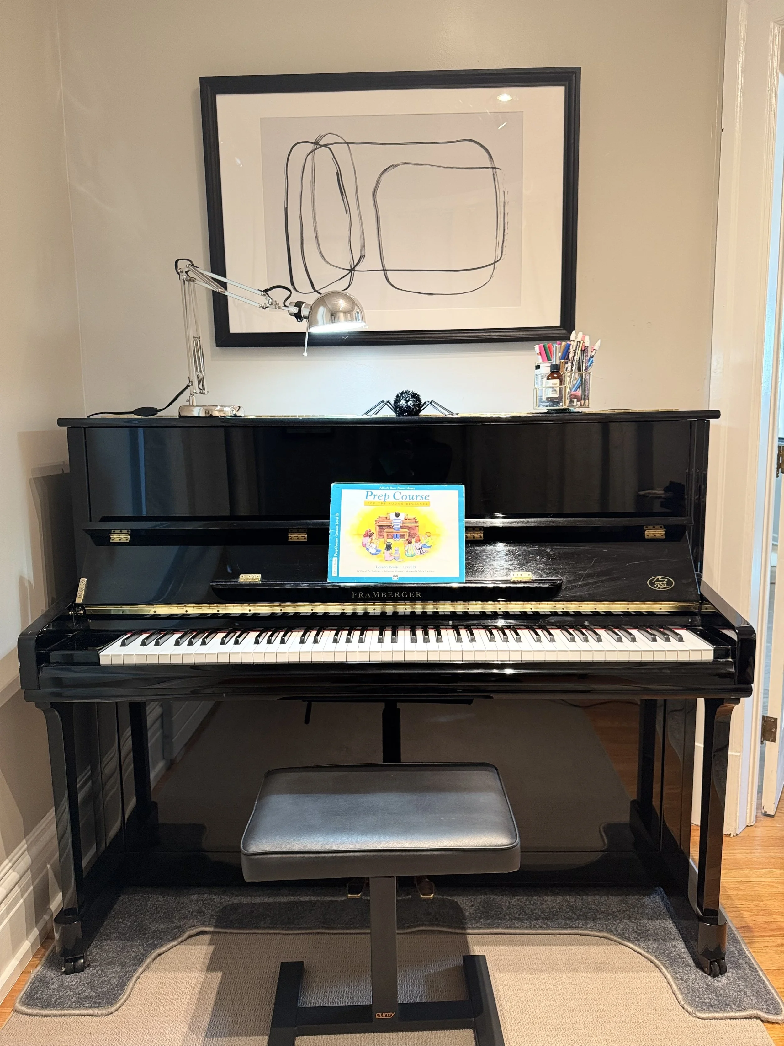Upright piano at Mariana's piano studio.