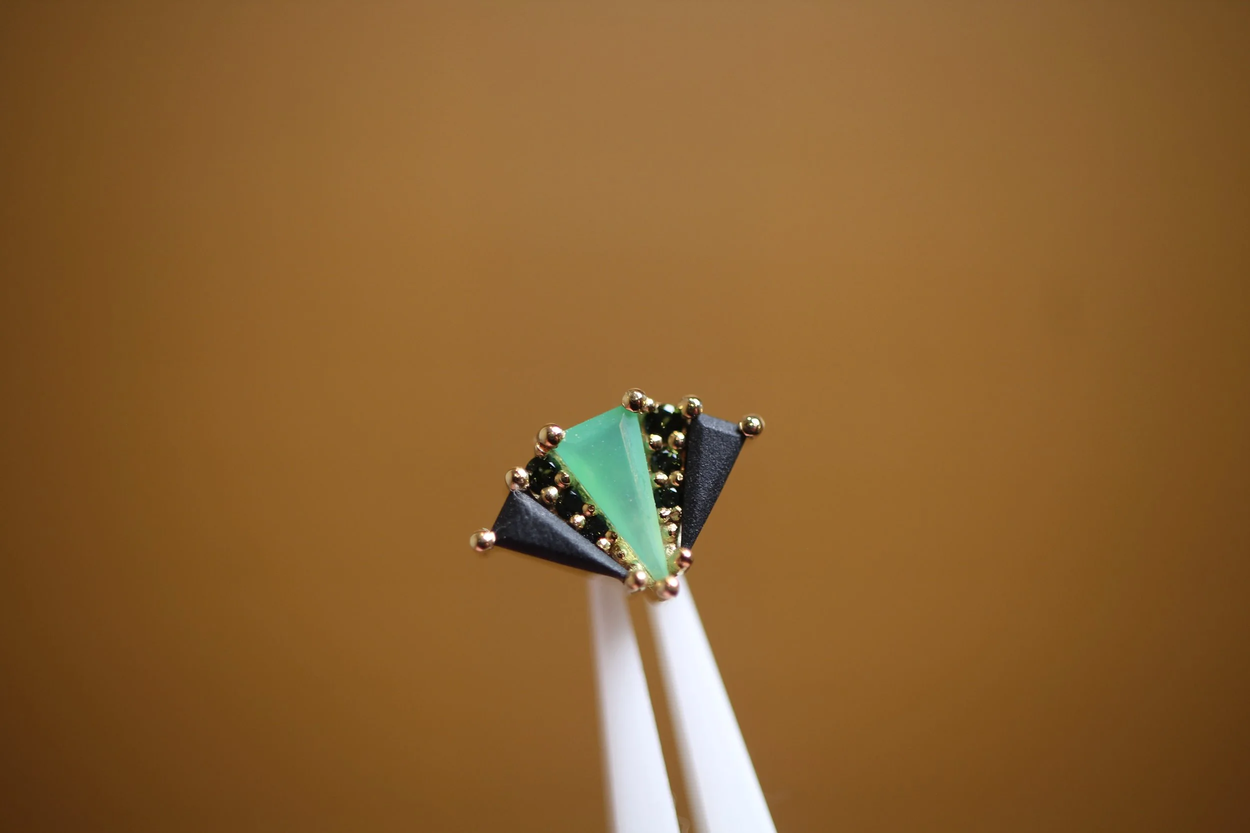 Yellow Gold BVLA "Cerberus" End with Sandblasted Chrysoprase, Sandblasted Onyx, and Green Tourmaline gems