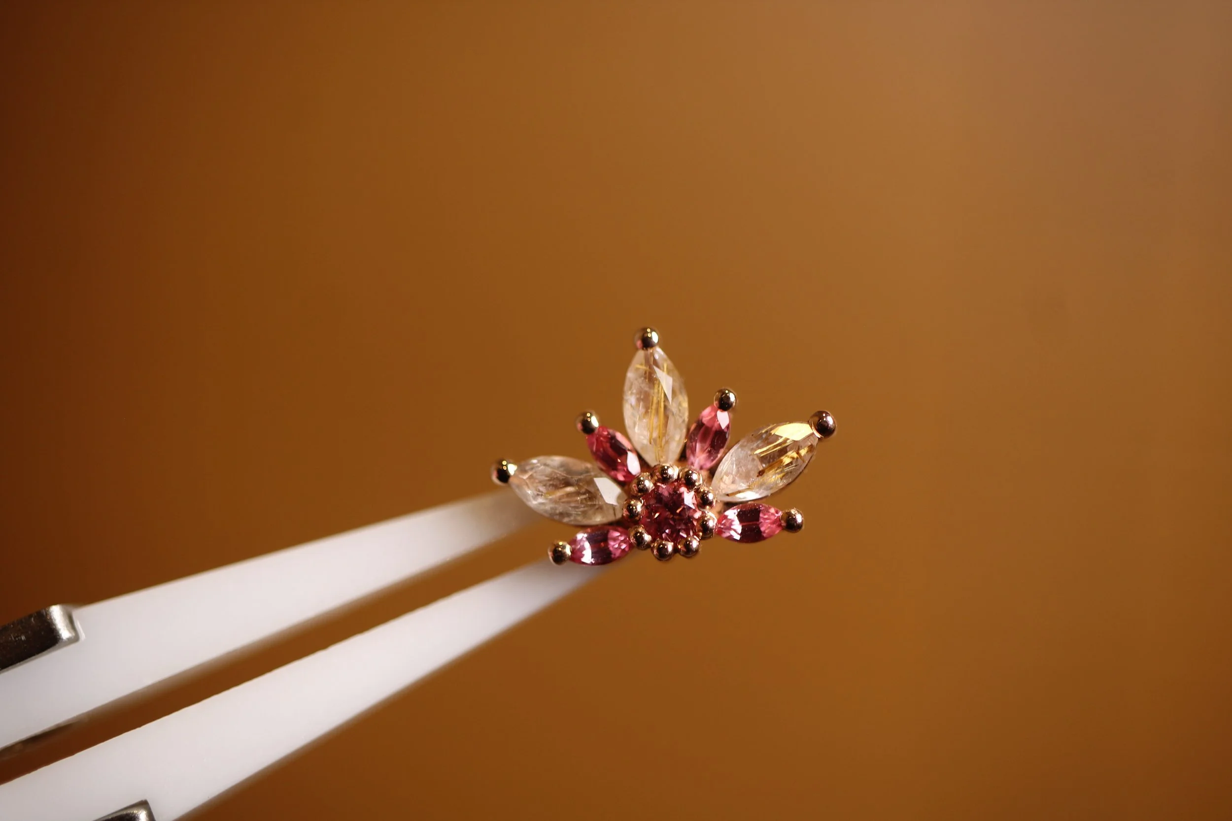 Rose Gold BVLA "Starling" with Golden Rutilated Quartz and  Padparadscha Sapphire
