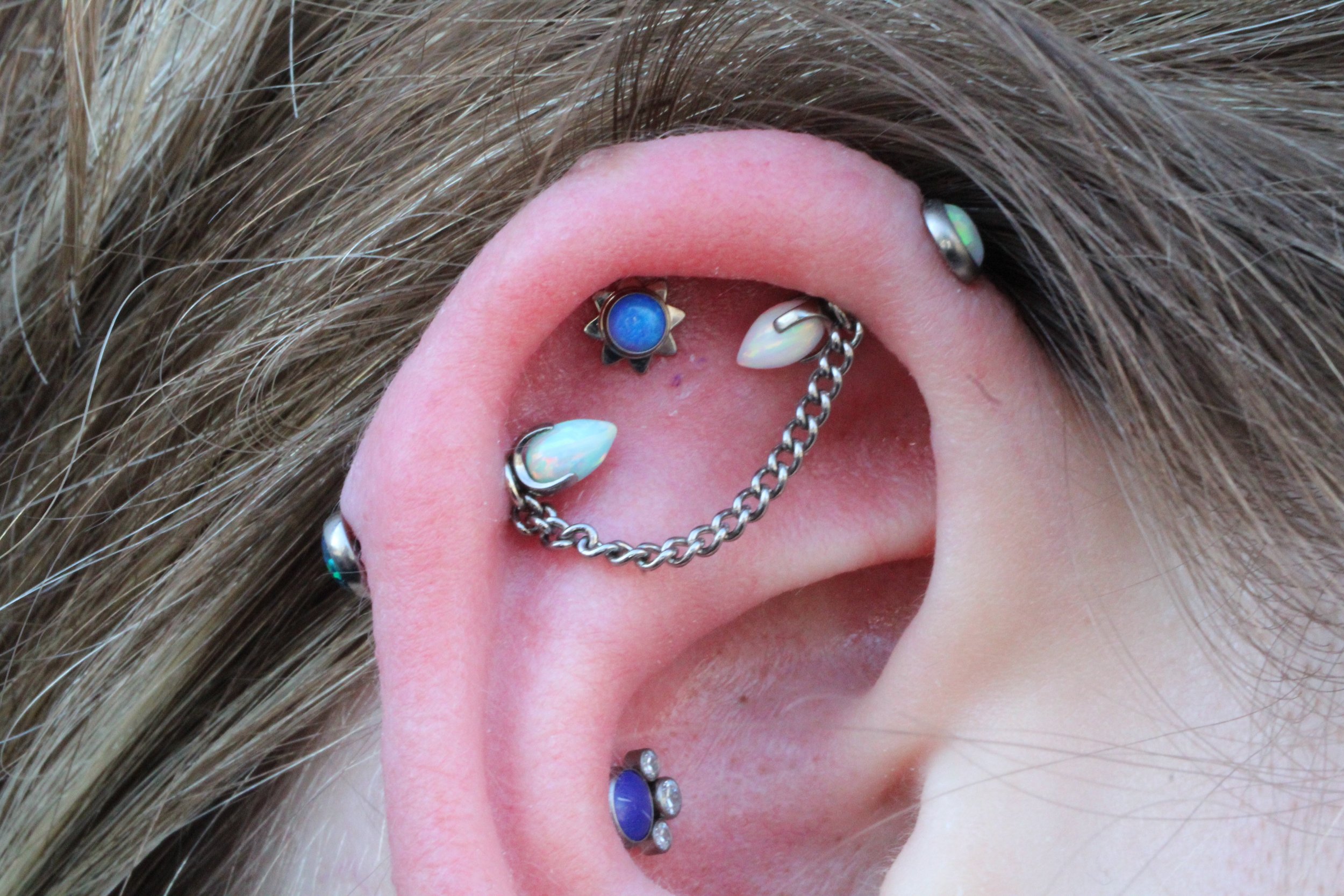 Close-up of a person's ear with multiple piercings and jewelry, including a chain connecting two earrings, and various colorful and metallic adornments.
