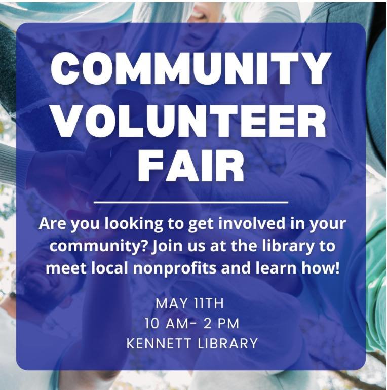 Come learn about all the wonderful nonprofit organizations in your community.  We will be at the Community Volunteer Fair at the Kennett Library from 10 am - 2pm to answer any of your questions about Kennett Community Grocer, what we do, why we matte