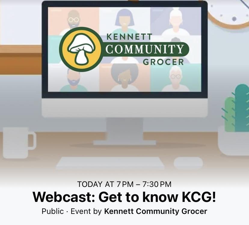 Reminder! 📢
If you have any questions at all about Kennett Community Grocer, our mission and how we benefit the community then tune into our first webcast tonight at 7:00pm.  Watch the brief presentation and then ask us any questions you can think o