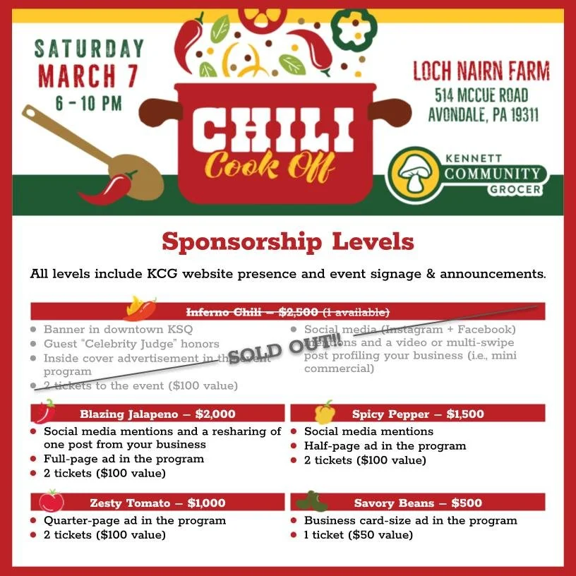 🔥 Calling All Local Businesses &amp; Changemakers! 🌶️

This is your last chance to become a sponsor for KCG's 2026 Chili Cook-off &mdash; get noticed in the community while celebrating and supporting local in a meaningful way!

By becoming an event