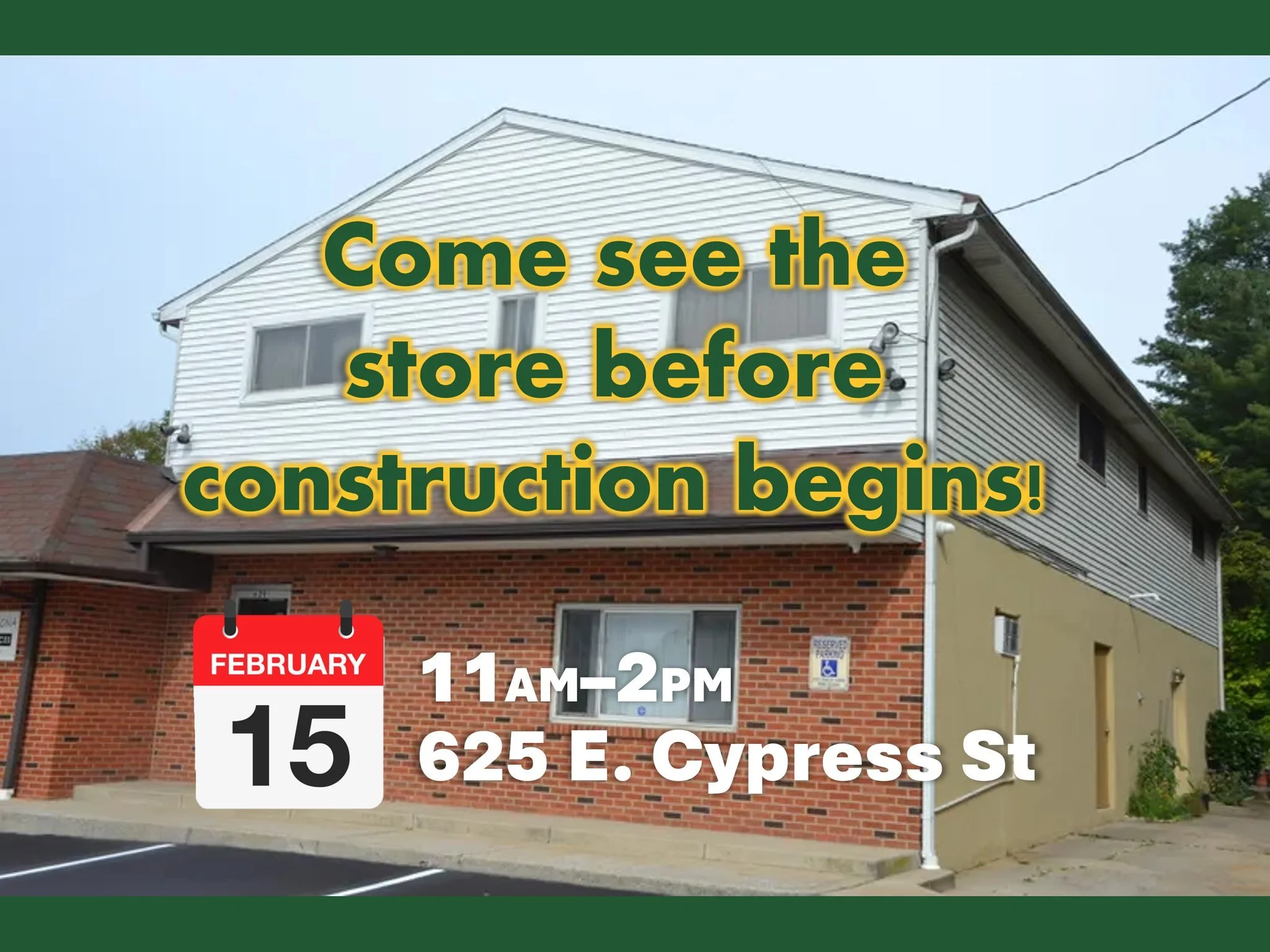 Come see our future store next weekend! 

SNEAK PEEK EVENT 👀
📆  Sunday, Feb. 15 from 11AM&ndash;2PM
📍 625 East Cypress St, Kennett Square, PA

Before renovations begin, we&rsquo;re excited to invite you inside the space for a Sneak Peek of the fut