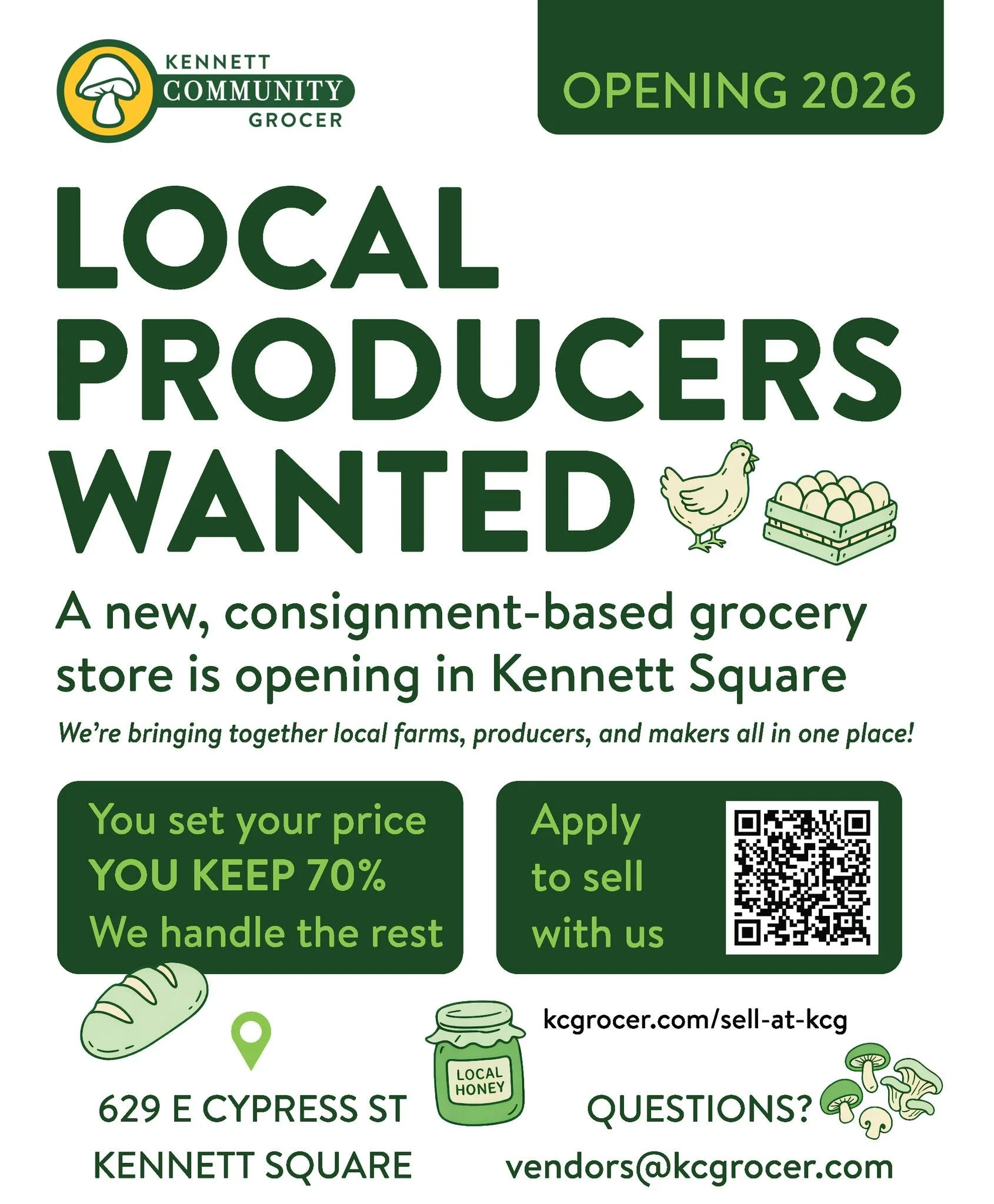 Calling all farmers, producers, and makers! 🧑&zwj;🌾✨

Kennett Community Grocer is now accepting vendor applications for our upcoming 2026 opening! We&rsquo;re looking for products like YOURS to line the shelves of our community-owned grocery store.