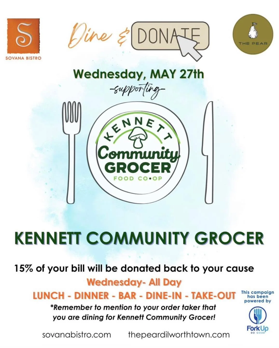 Join us on May 27th for a Dine &amp; Donate in support of Kennett Community Grocer! It&rsquo;s an easy way to support bringing a community-owned grocery store to Kennett Square&mdash;just dine in, take out, or grab a drink from Sovana Bistro in Kenne