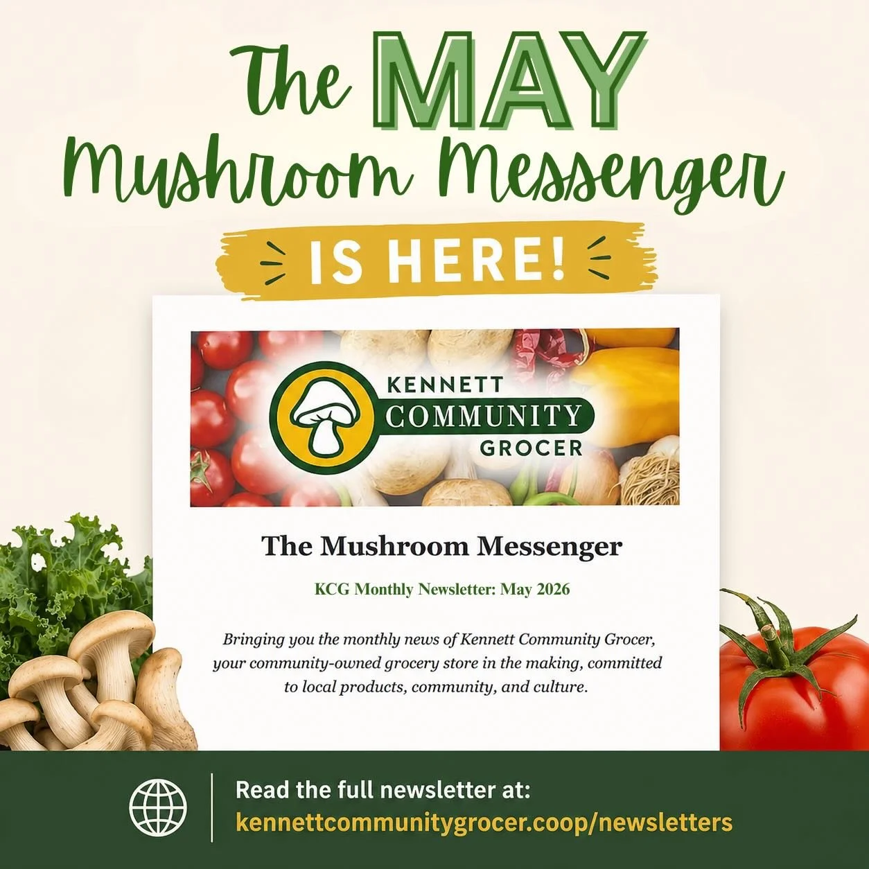 The May Mushroom Messenger is out! 🍄

Inside this month&rsquo;s newsletter:

🍄&zwj;🟫 Annual Meeting updates

🗓️ Upcoming events

🛒 Volunteer opportunities

🌱 Membership growth

🍅 A producer spotlight on Barking Dog Farm

We&rsquo;re excited to