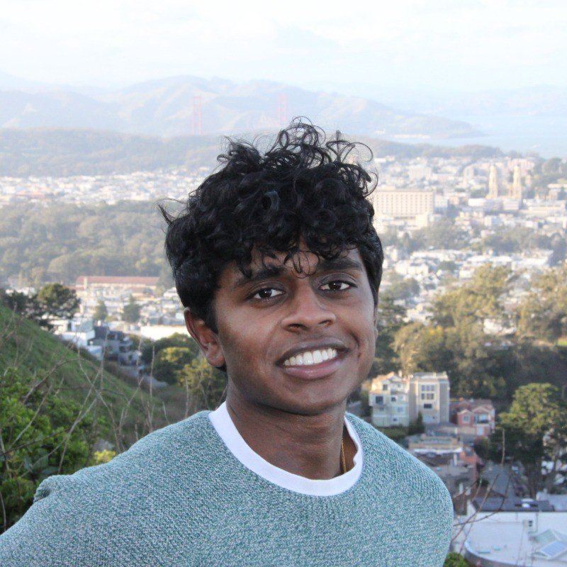 A young man with curly black hair smiling outdoors with a cityscape and hills in the background.
