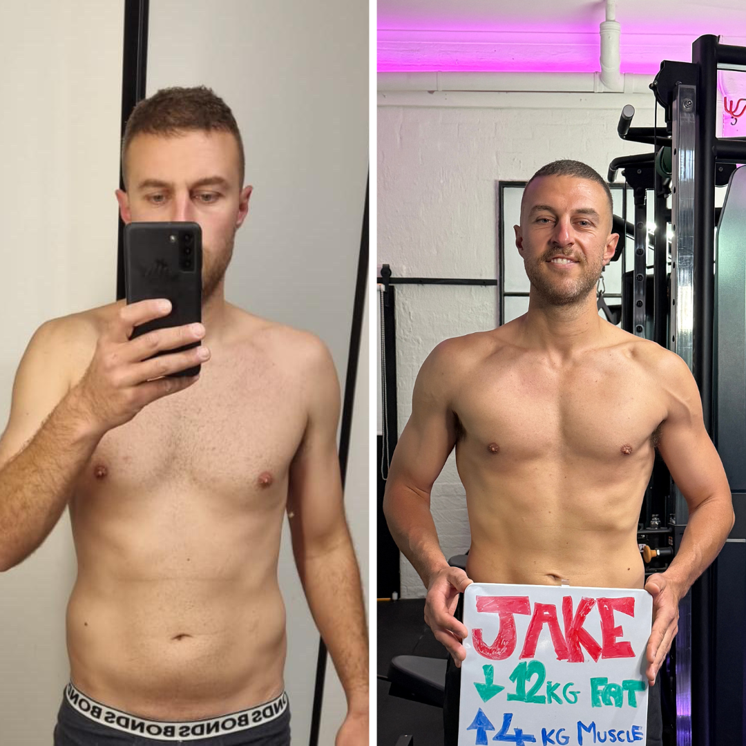 Jake's before and after 12kg fat loss and 4kg muscle gain transformation at Elite Physiques private personal training studio Elwood