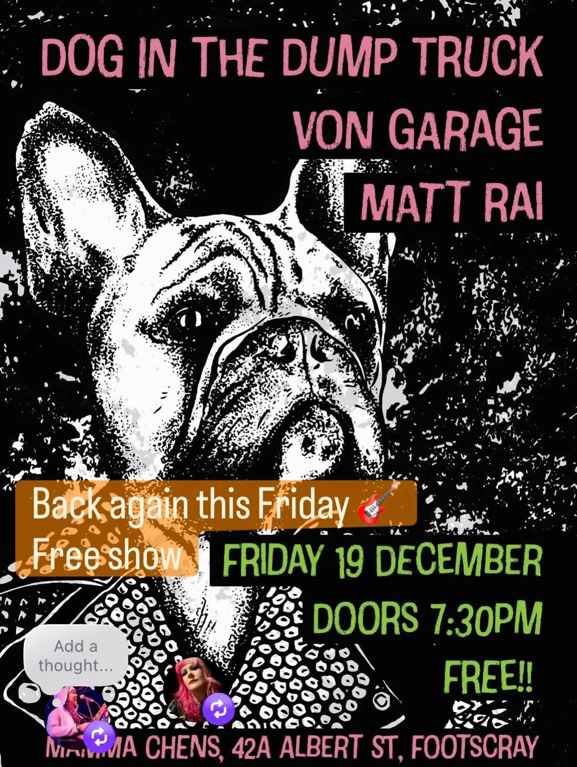 Back again this Friday 🎸
Got asked to jump back on the bill after last weekend&hellip; always a good sign 😊

Stoked to be supporting @doginthedumptruck and vongarageband again &mdash; both absolutely rip live.
Big love to @nirvana_chens for having 