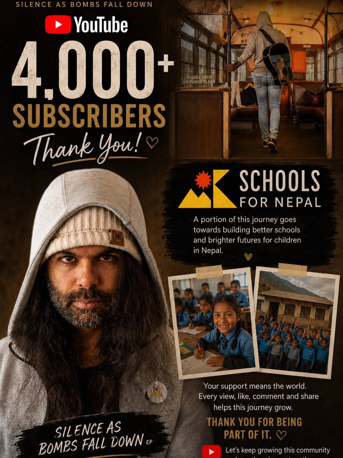 4,000+ subscribers 🤍

Still wrapping my head around that one.

Every stream, comment, share, ticket bought, message sent, awkward reel liked, and late-night listen has helped grow this little world around the music 🎸

Even better&hellip; part of th