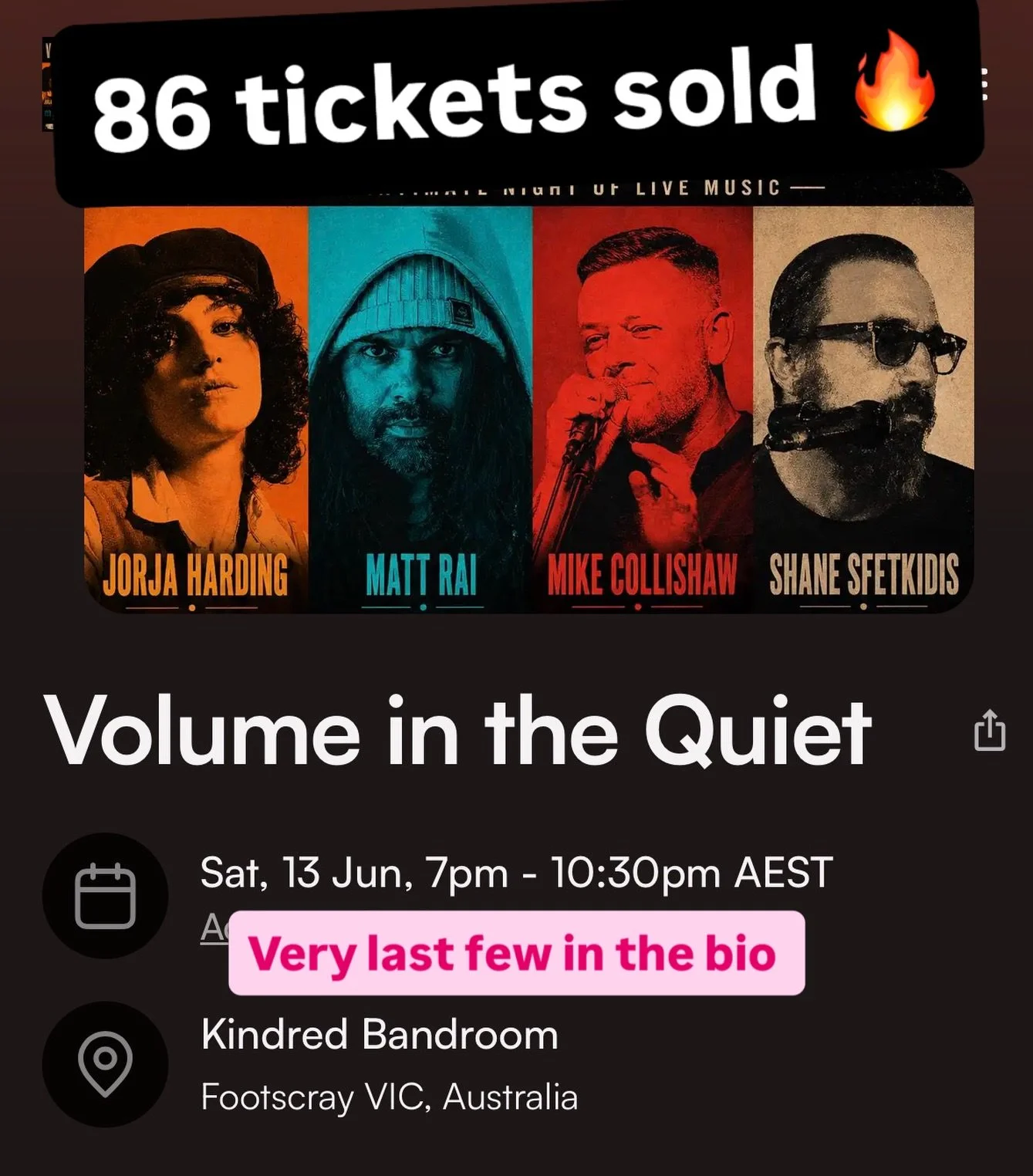 86 tickets gone. 🤯

What started as a quiet little night of music is shaping up to be a packed room.

🎟️ 86 tickets have already been snapped up and we&rsquo;re down to the very last few tickets.

If you&rsquo;ve been meaning to come along, now&rsq