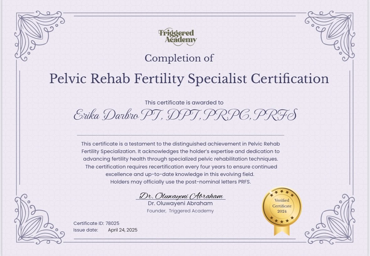 🎉 Big News!
We’re thrilled to share that Dr. Erika is now a certified Pelvic Rehab Fertility Specialist!
🤓 Over the past year, she’s been dedicated to completing didactic and hands-on training, passing a comprehensive exam, and writi