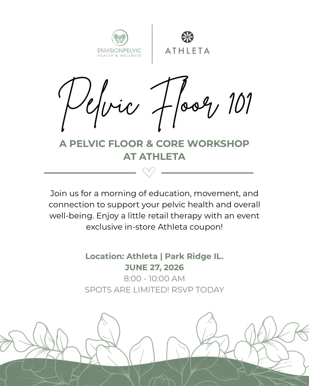 Your pelvic floor does a lot more than you think 👀✨

Join us at Athleta for Pelvic Floor 101 &mdash; a beginner-friendly workshop focused on pelvic floor education, breath, core connection, movement, and learning how pelvic PT can help support your 