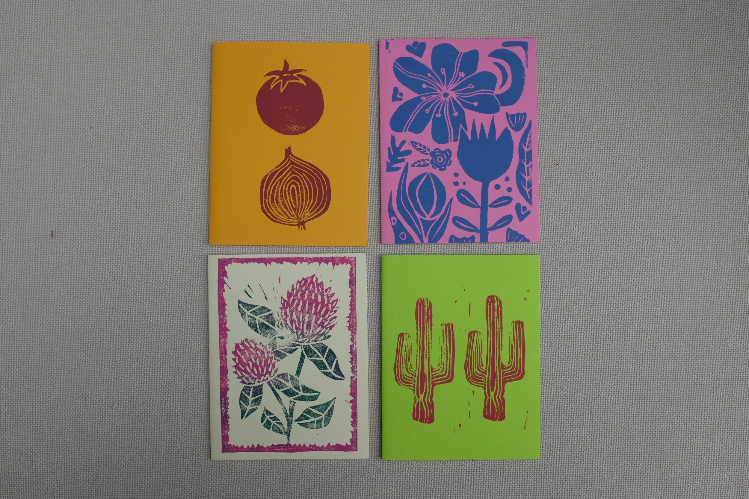 Cactus Veggie Flower Pack | Block Printed Card Set | 4 Cards & Envelopes