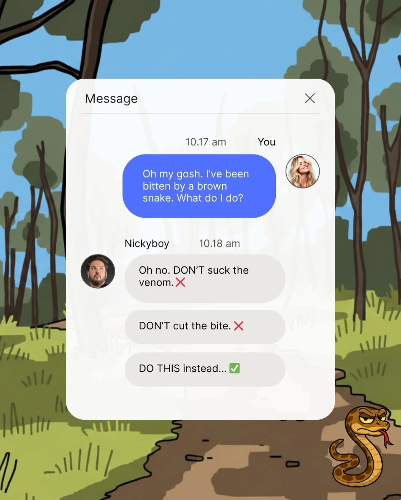 &ldquo;Oh my gosh. I&rsquo;ve been bitten by a brown snake. What do I do?&rdquo;

If you&rsquo;re Googling this in real-time, put the phone down and call 000.

But if you&rsquo;re reading this now, here&rsquo;s what you need to know:

DON&rsquo;T:
❌ 