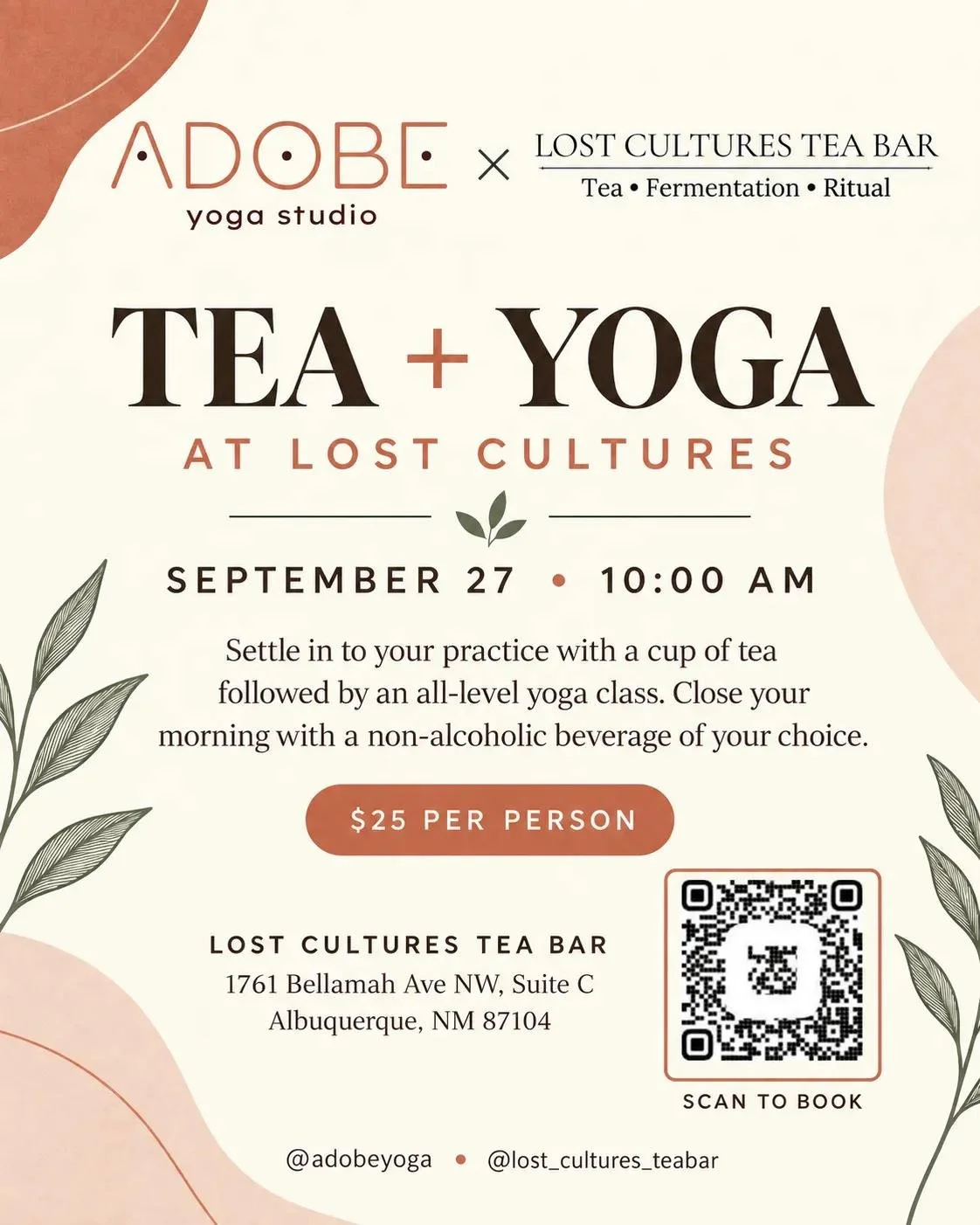 Golden watercolor background with black line drawing of leaves on the right side. Text overlay reads: "Lost Cultures Tea Bar Yoga & Tea Sundays 9:30-10:30 am".