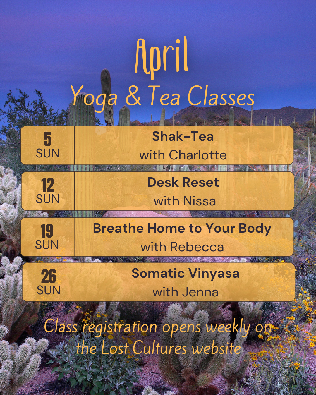 Golden watercolor background with black line drawing of leaves on the right side. Text overlay reads: "Lost Cultures Tea Bar Yoga & Tea Sundays 9:30-10:30 am".