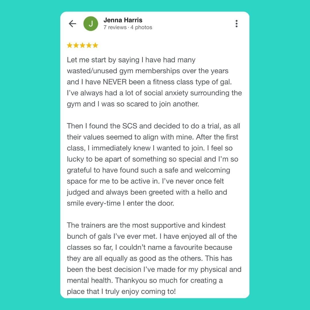 🥰💕thank you Jenna for this lovely review 💕💕

We pride ourselves on caring for our members as much as we can 🥰💃✨

Wanna come try us out? Download The SCS app and grab a 28 day unlimited intro trial and see for yourself 💕