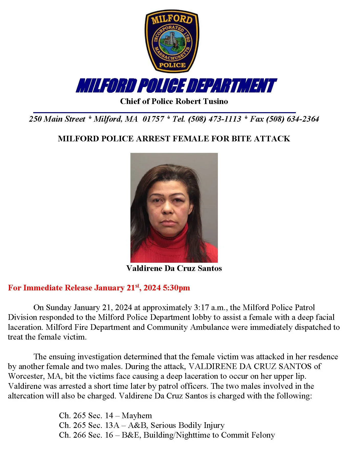 MILFORD POLICE ARREST FEMALE FOR BITE ATTACK