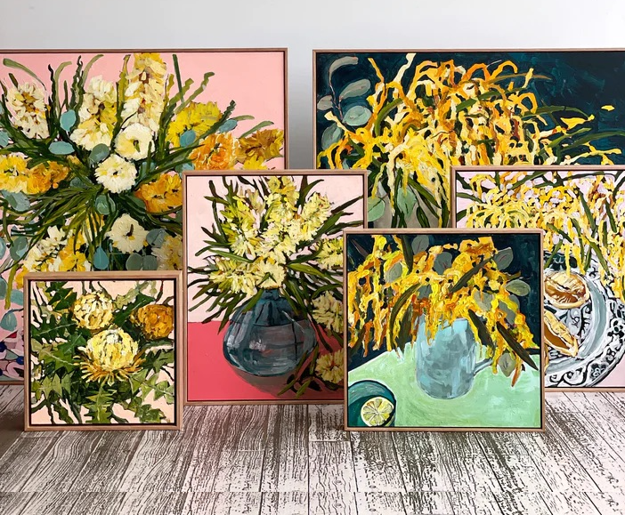 A variety of Emily's Botanical Still Life Paintings ready for sale