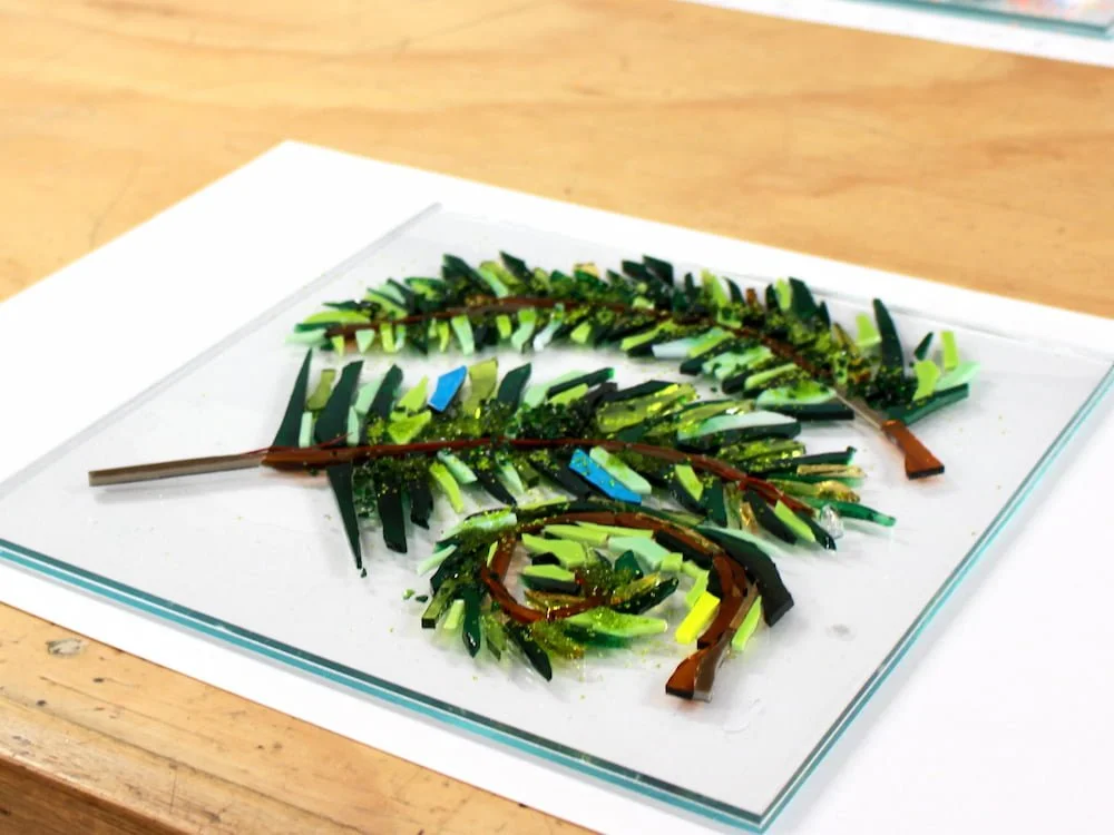 A student glass platter ready to go in the kiln