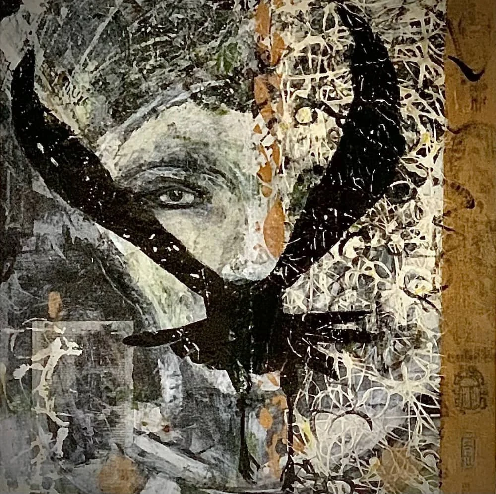An artistic collage featuring a woman's face partially obscured by a large black butterfly and abstract, patterned elements.