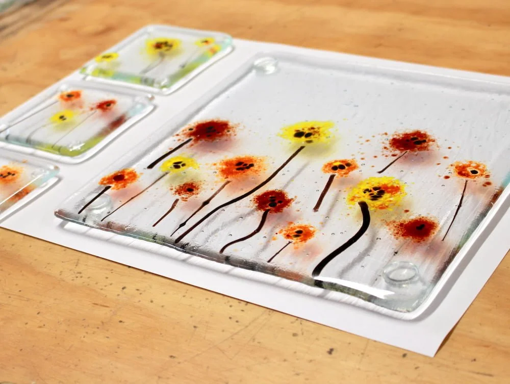 A fused glass platter ready for collect from the workshop