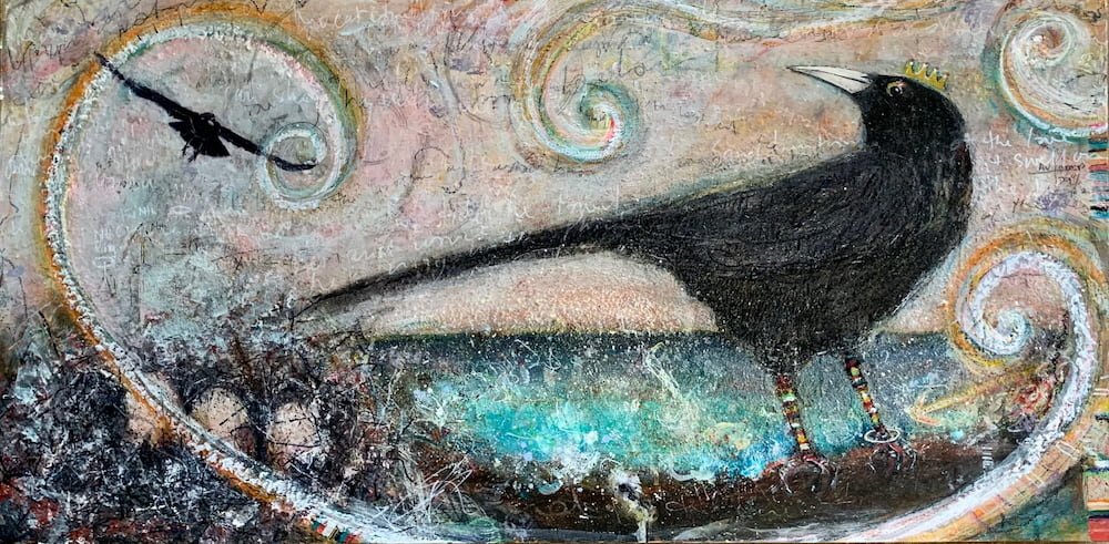 Colorful painting of a black bird with striped legs and a small golden crown on its head, standing on a swirling, textured background with abstract spirals and a clock with black hands.