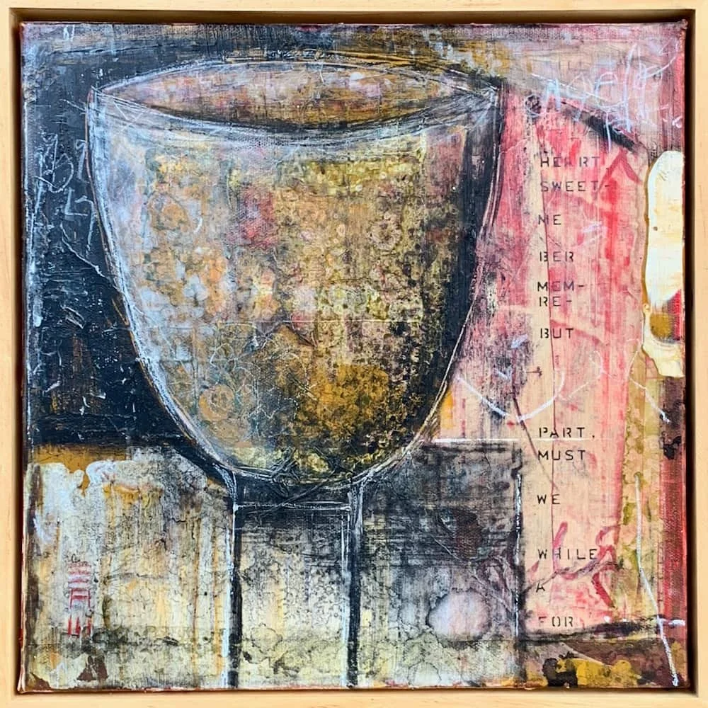 Abstract painting of a wine glass with textured layers of black, gold, white, and pink, and words written vertically on the right side.