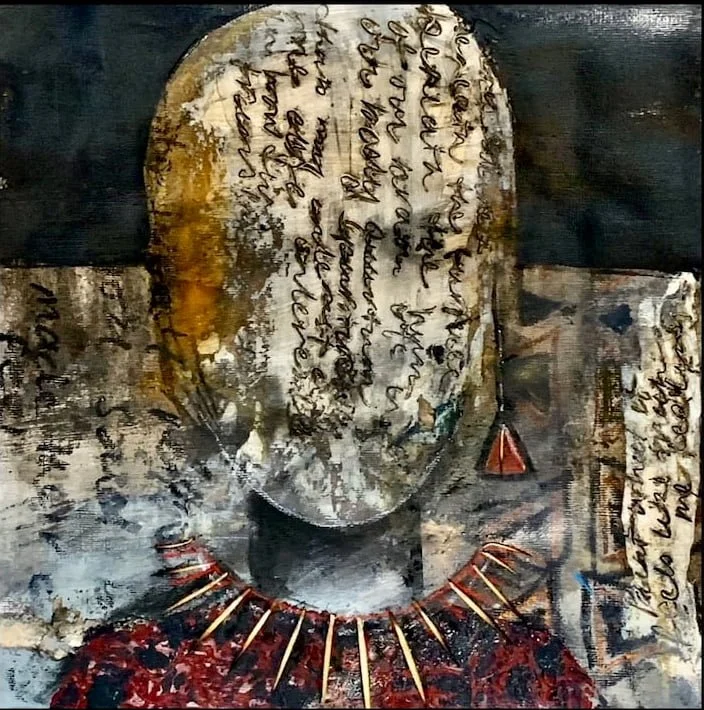 Abstract artwork depicting a head with unfocused, handwritten text overlay, surrounded by textured, dark and earthy tones, and adorned with a red, spiked necklace.