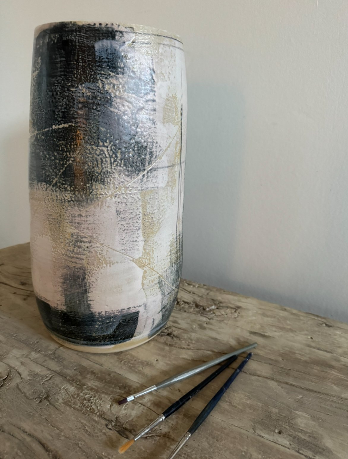 Large hand decorated stoneware vase
