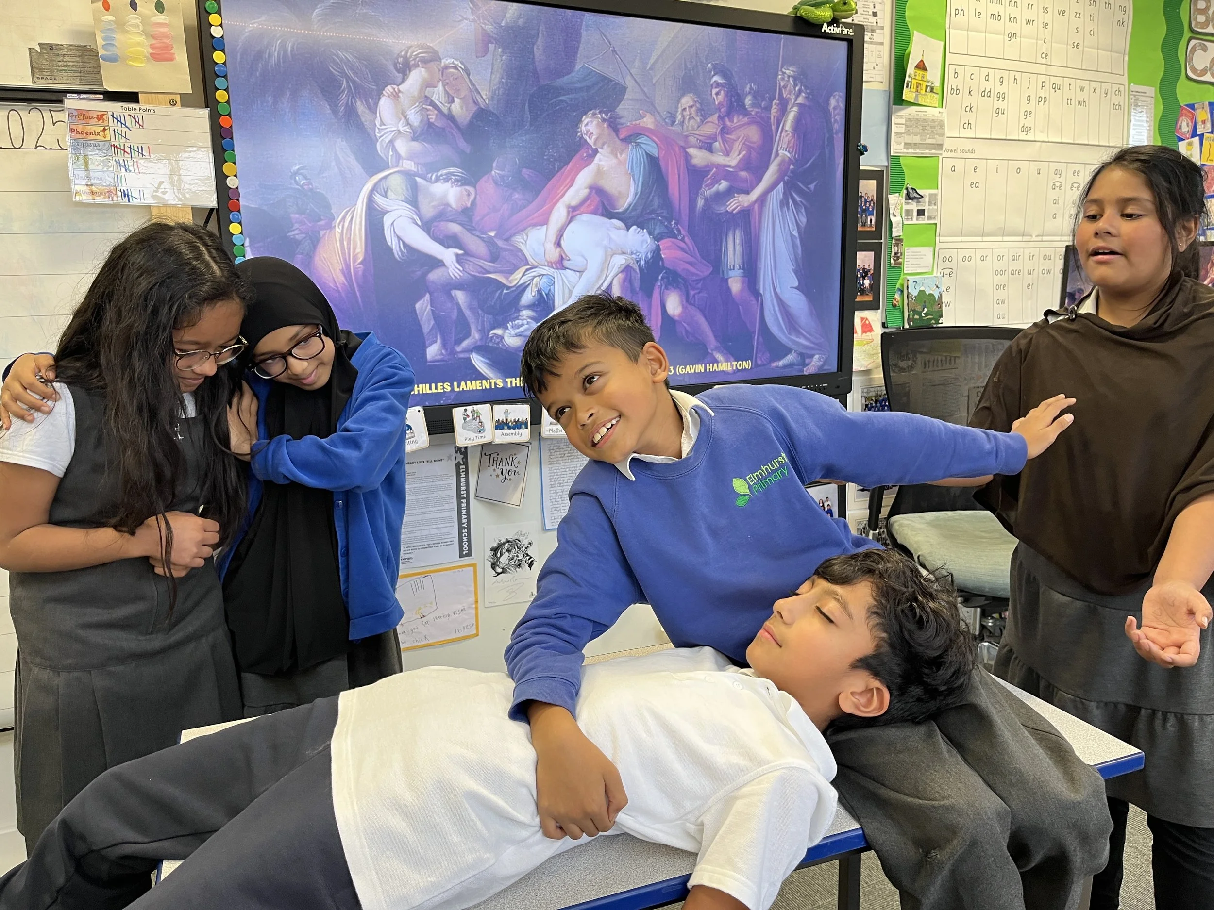 Achilles Lamenting the Death of Patroclus - children at Elmhurst Primary becoming a painting, as part of the Iliad Project