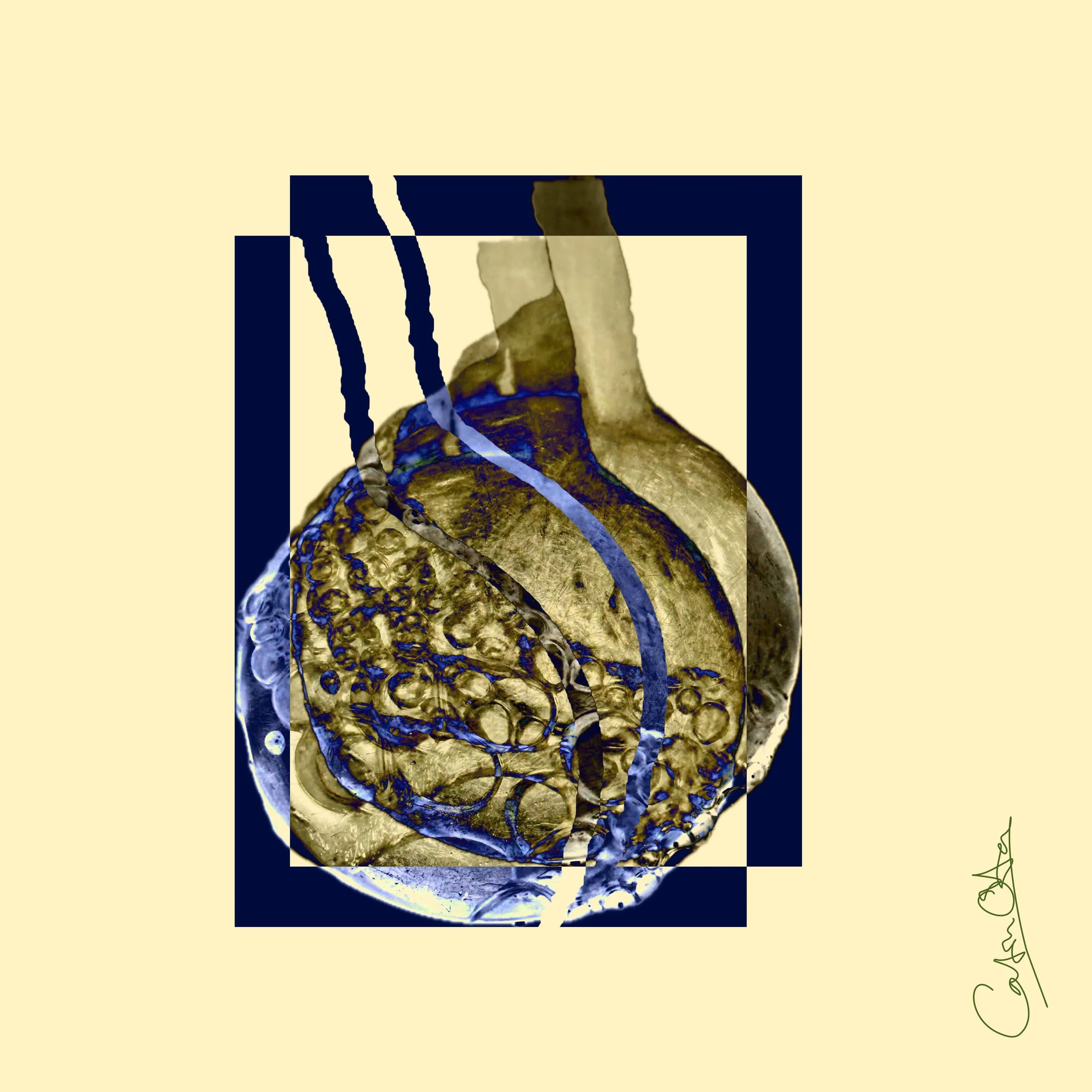 Semi-abstract digital print by Catrin O'Hara; silver abstract forms on creamy yellow, dark navy mirrored Art Deco-style inner frame.