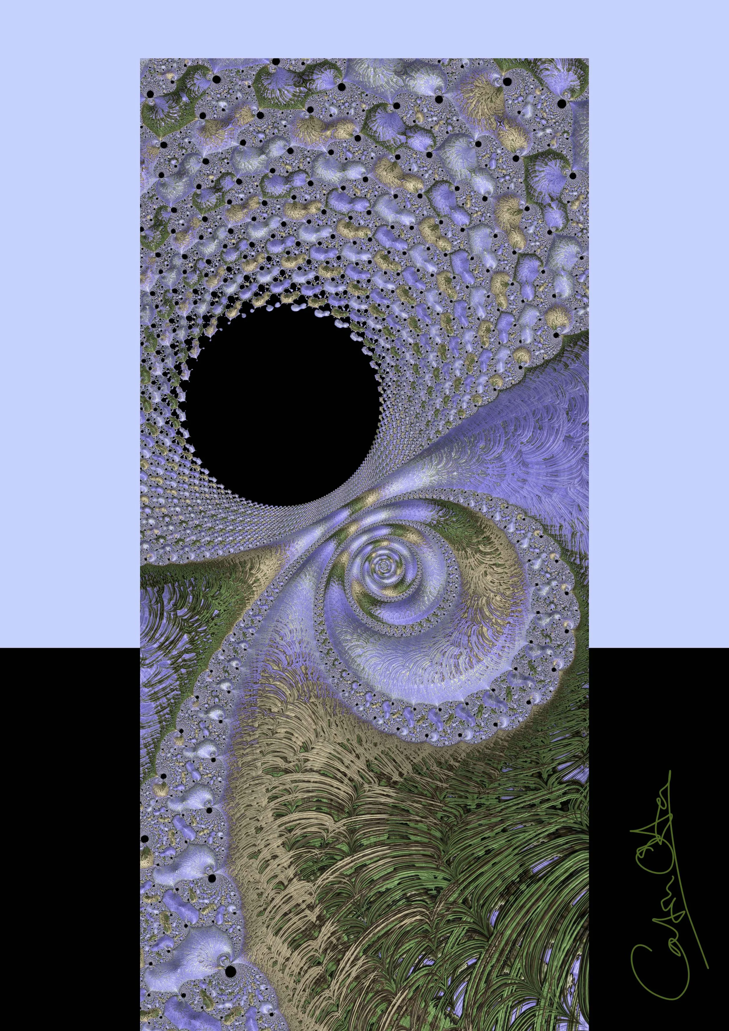 Fractal landscape by Catrin O'Hara: sensuous patterned monolith with flowing circular curves and jewel-like stones, standing against a dark horizon beneath an eerie sky.