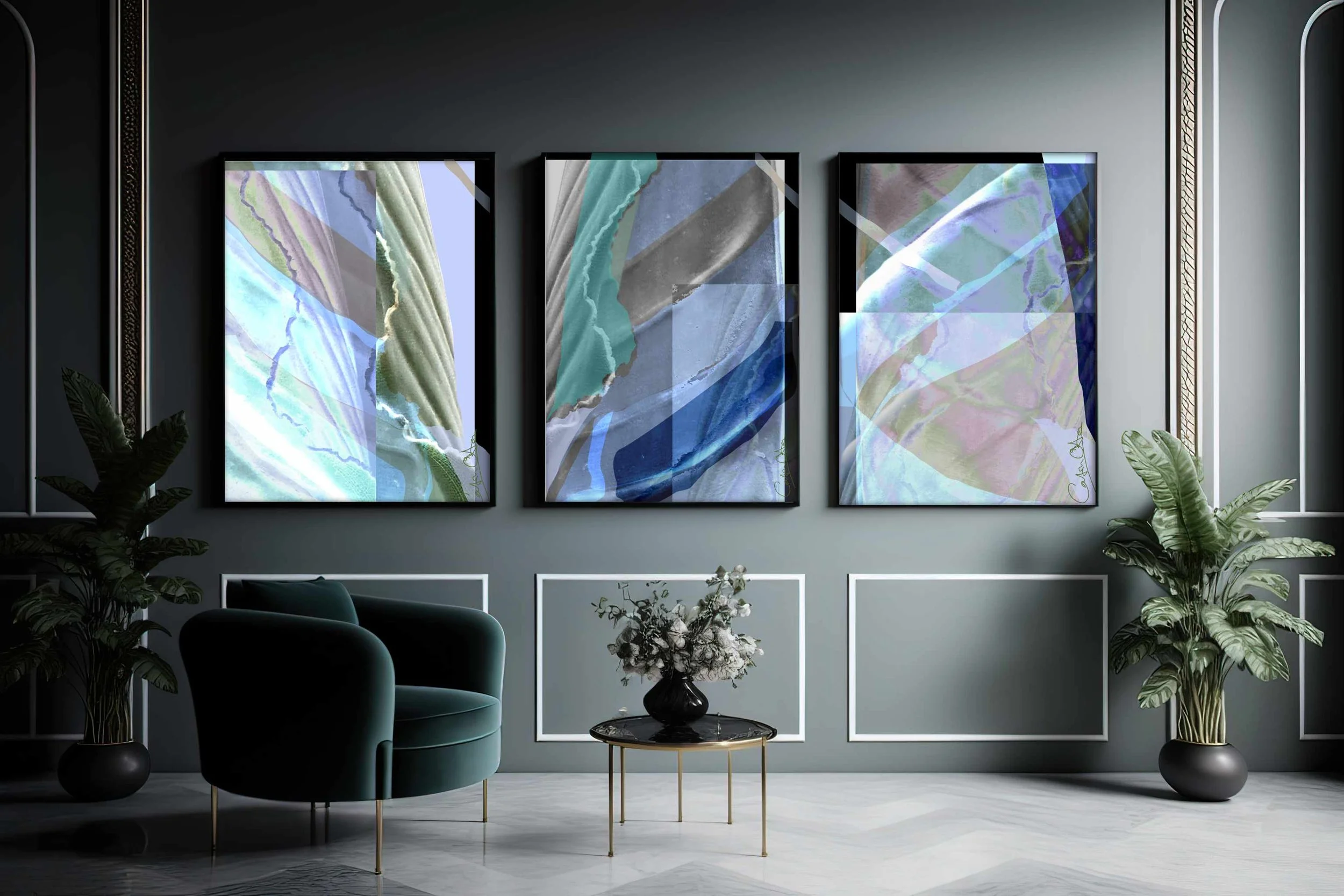 three large abstract paintings in a room