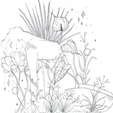Line drawing of a standing deer surrounded by various flowers and plants.
