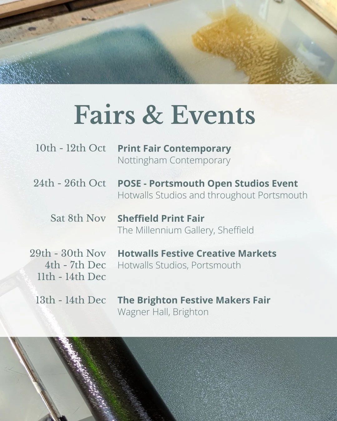 Here's a run down of the events I'll be attending this Autumn and Winter -  starting this weekend with Print Fair Contemporary at @nottm_contemp / @shop.contemporary. Please come say hello if you're in the area, it's not often I venture up North with