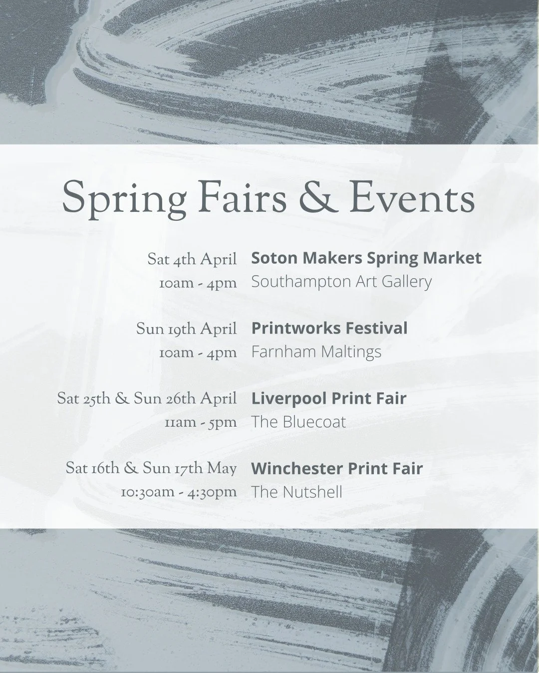 My Spring events are just around the corner! Here's a breakdown of where I'll be and when. I hope you can make one of them - come say hello!

If these events are local to you, please turn up and show your support! It's incredibly difficult at the mom