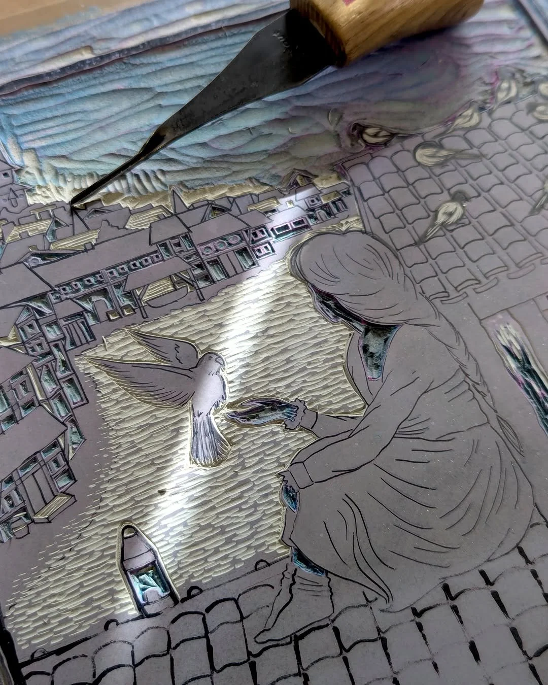 Slow and steady progress on this piece. Five layers down and I've strayed away from my plan, so it's exciting trying to work out what comes next! It's hard trusting in the process during these ugly early stages 🫣

 #linocutprints #brothersgrimm #cin