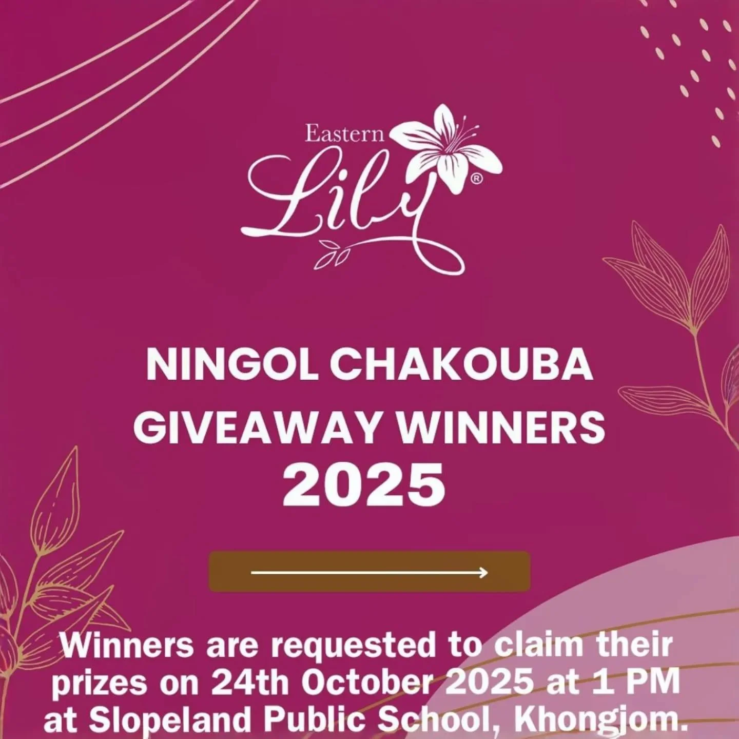 Giveaway Winners Announcement! 🎉

Congratulations to all the lucky winners! 🏆
Please claim your prizes on 24th October 2025 at 1 PM at Slopeland Public School, Khongjom.

Don&rsquo;t miss it &mdash; see you there! ✨

(giveaway, winner, october, luc
