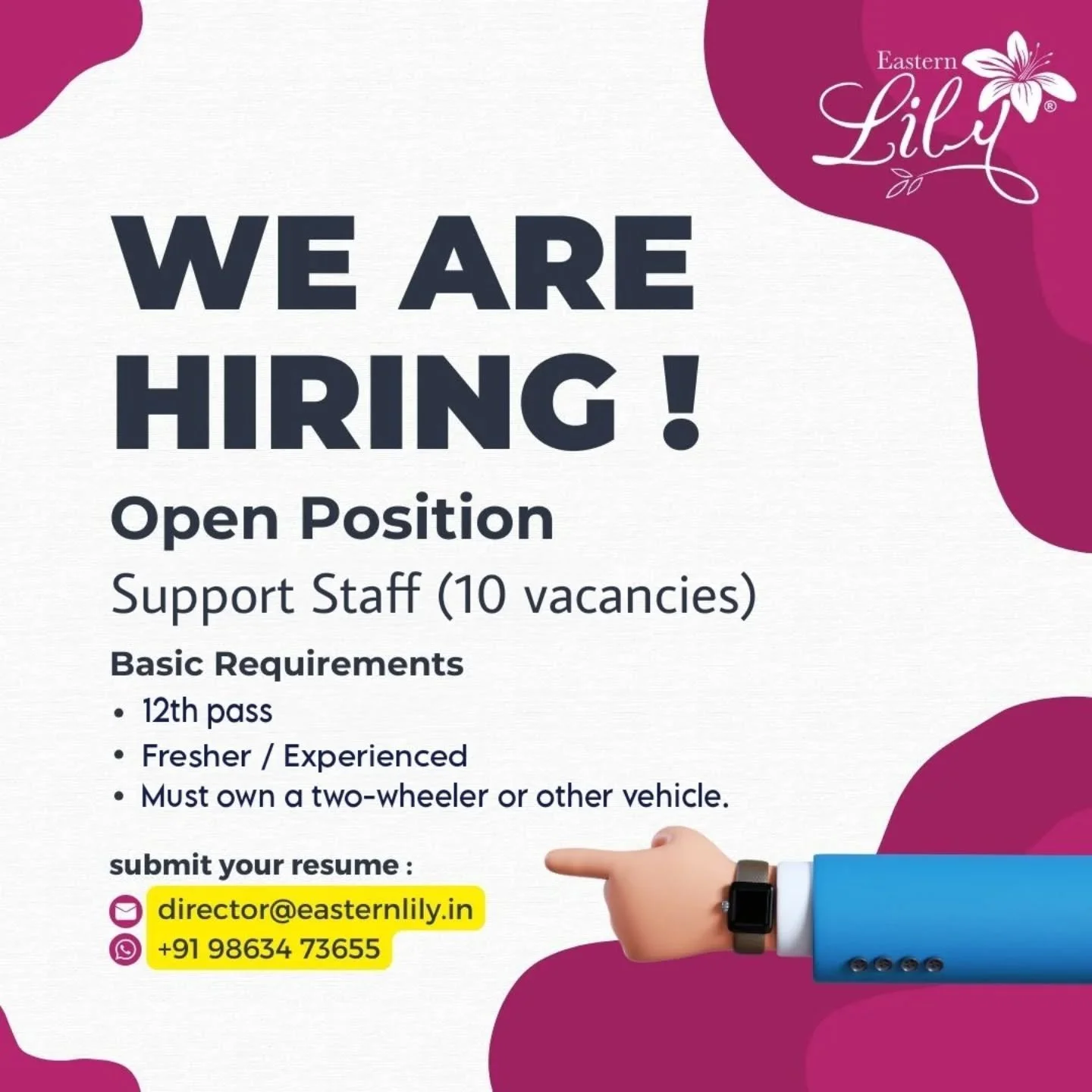 Join our team at Eastern Lily! 

We are hiring 10 Support Staff. Fresher or experienced candidates are welcome. 

Candidates must have access to reliable personal transportation.

Work location: Slopeland Campus, Salt Village, Khongjom, Manipur - 795