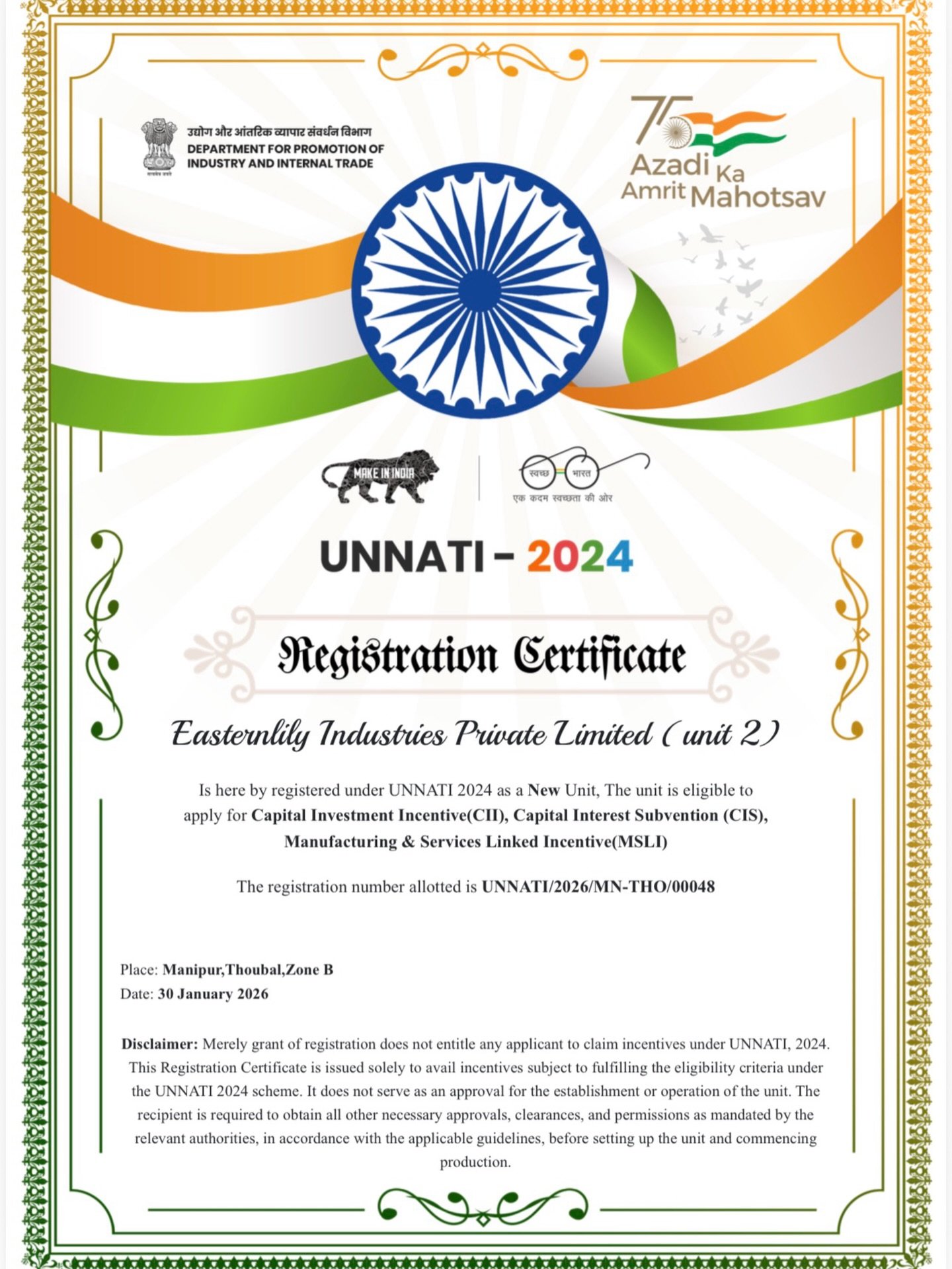 We are proud to announce that our unit-2 is now part of #UNNATI 2024, powered by Department for Promotion of Industry and Internal Trade, Ministry of Commerce &amp; Industry, Gov. Of India and financed by Punjab National Bank.

We are the first unit 