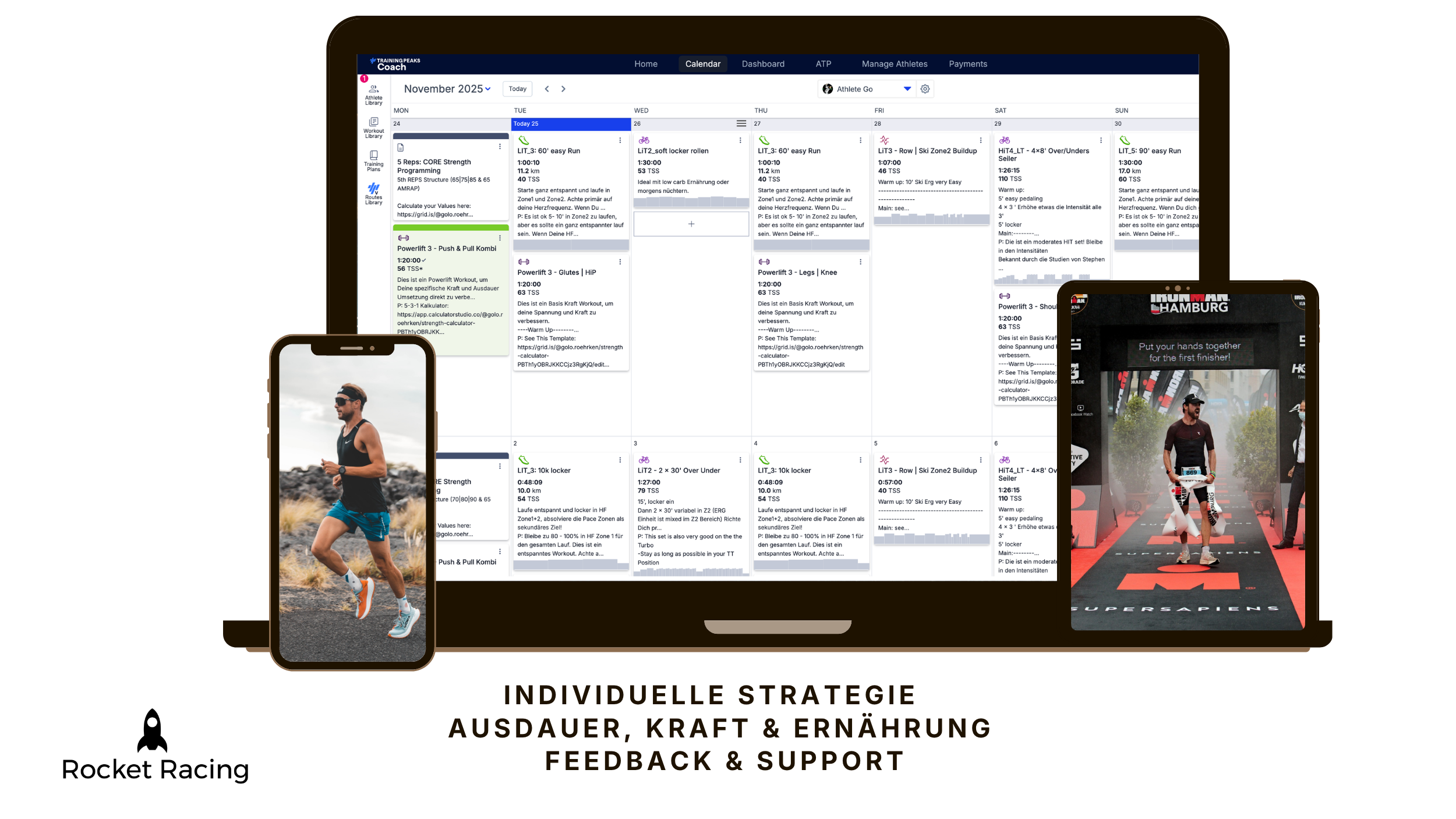 Triathlon Coaching Rocket Racing individueller Plan, Ausdauer Kraft und Ernährung, Feedback und Support.
