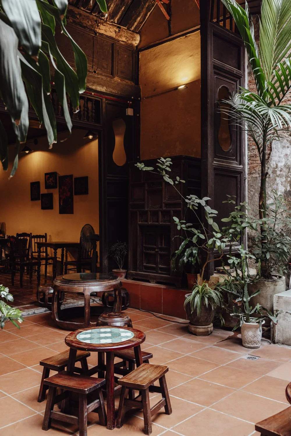 Leafy, terracotta tiled courtyard at Ta Coffee in hanoi with small dark wooden table and stools in the centre