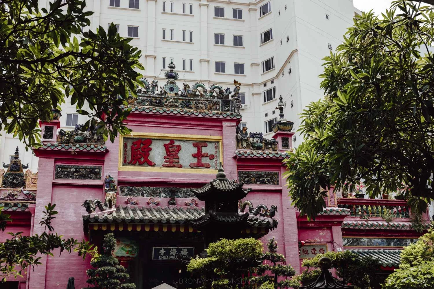 pink temple exterior of jade emporer pagoda with ornate chinese roof details surrounded by trees