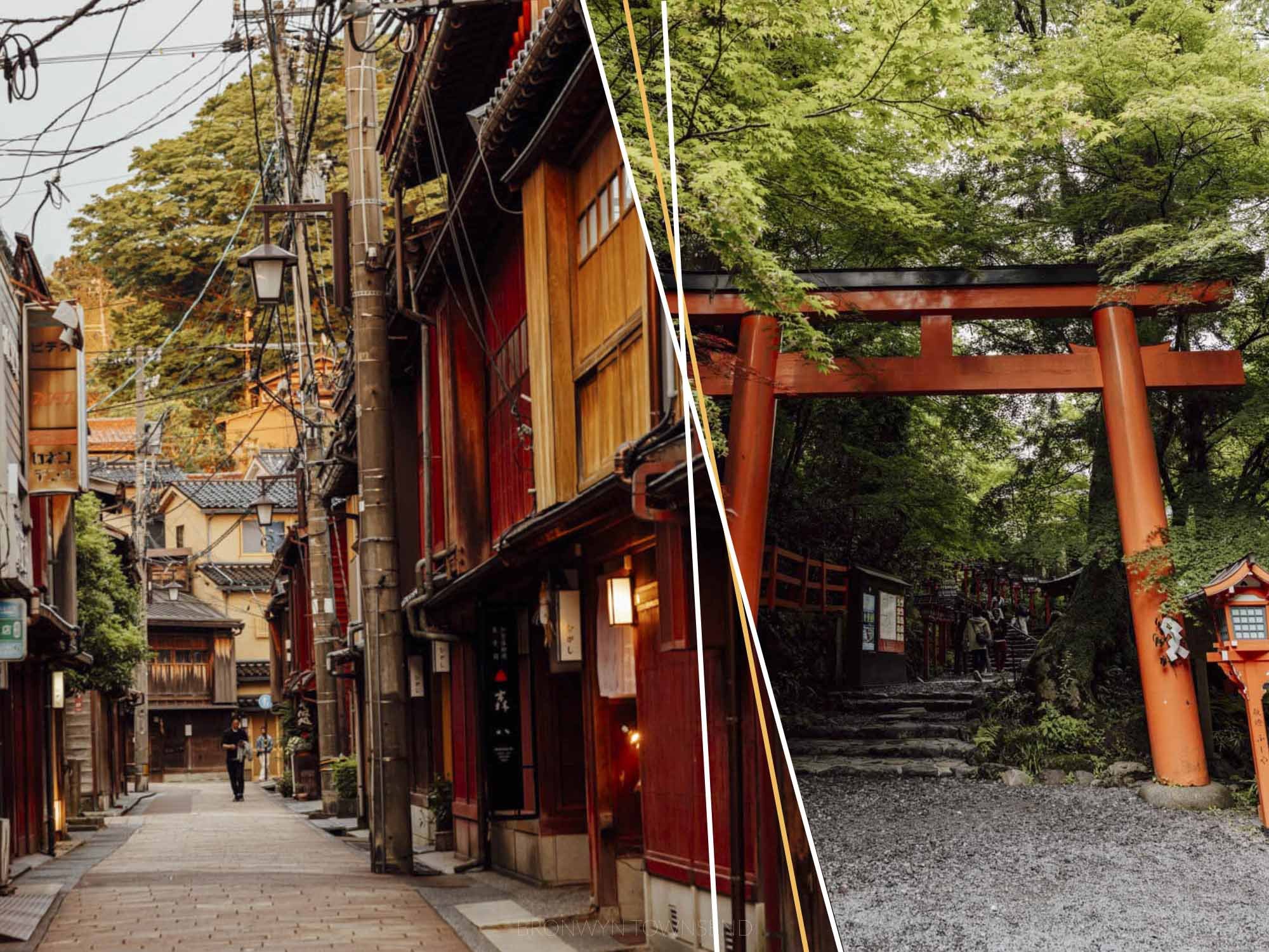 Red and ochre coloured wooden Japanese townhouses in kanazawa vs kyoto red torii gate shrine entrance in a summery forest scene on the right side