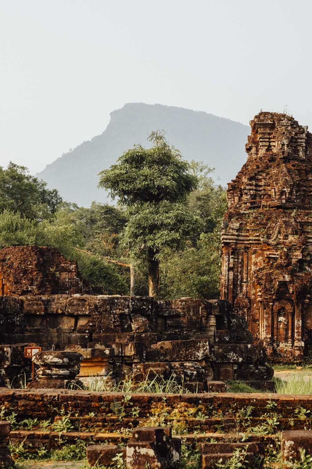 champa ruins at my son sanctuary in vietnam with a moutain in the distance
