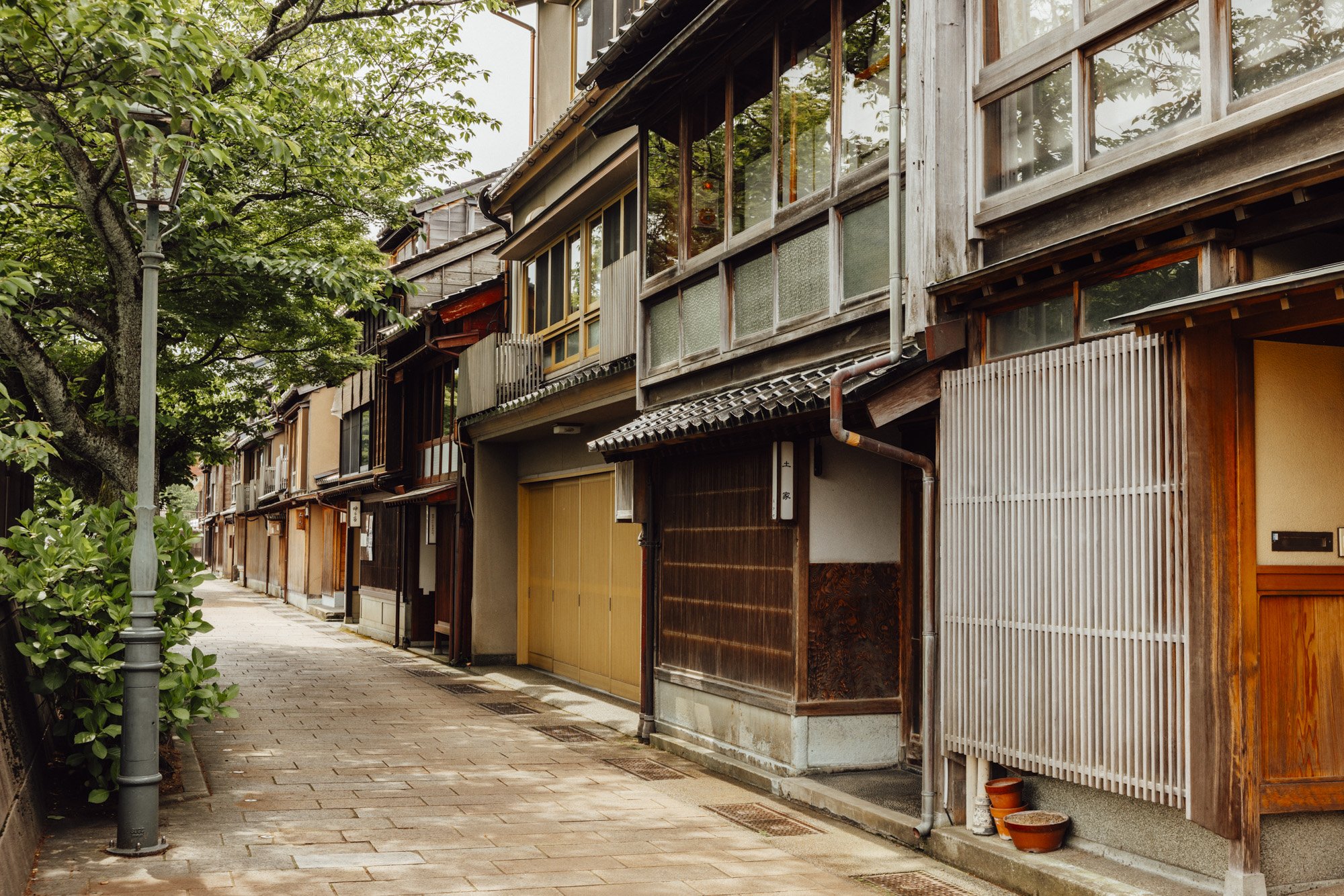 wooden and latticed buildings along Asano River bank at Kazuemachi district, Kanazawa